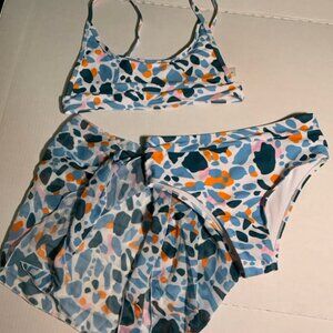 Women's 3 pc Sz Med Bikini Set‎ Top, Bottom & Cover Up Scarf Blue Orange Pink(I)
